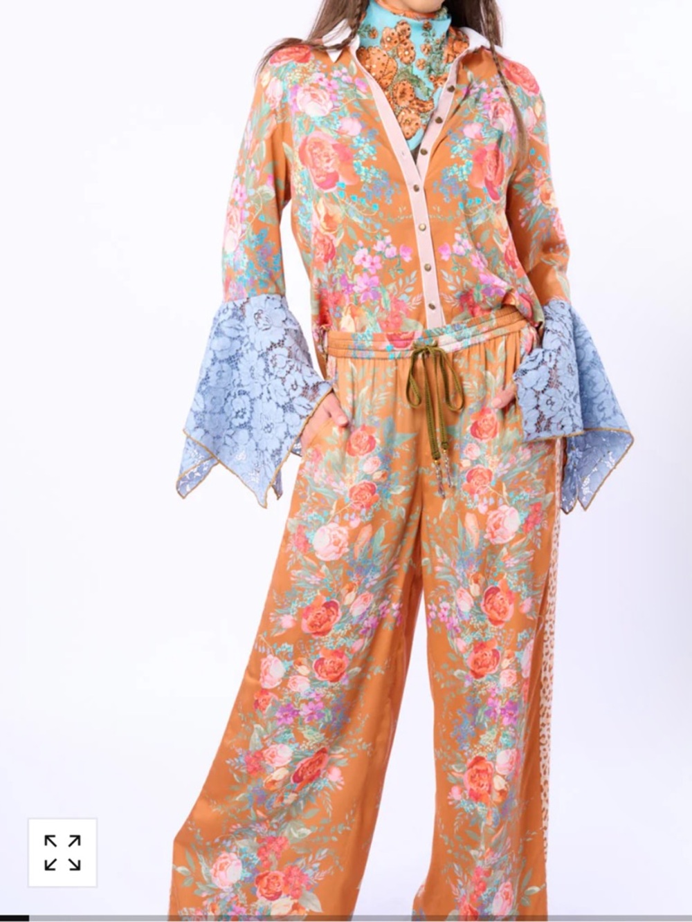 Floral Wide-Leg Drawstring Pants in Orange - Picture 4 of 6